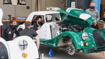 Morgan Plus Four racecar in workshop