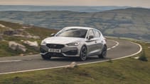 Cupra Leon hatchback cornering front view