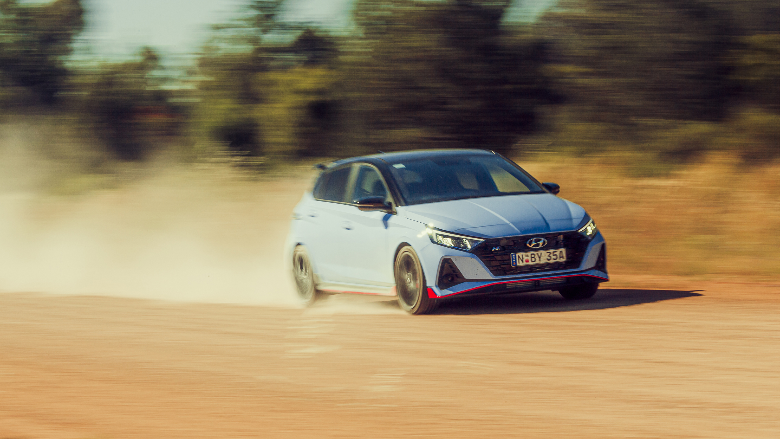 Hyundai i20N blue in Australian Outback