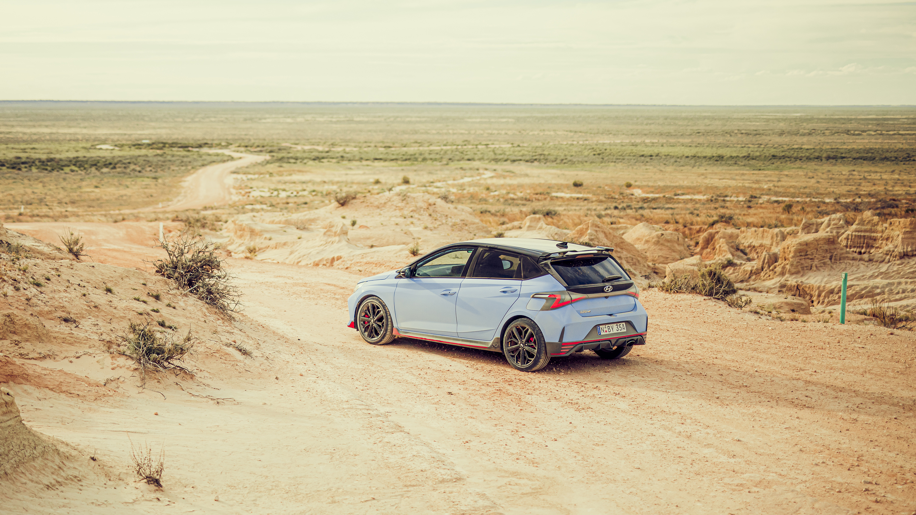Hyundai i20N blue in Australian Outback