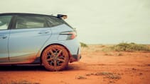 Hyundai i20N blue in Australian Outback