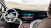 Close up interior shot of cockpit of Mercedes Benz EQE SUV