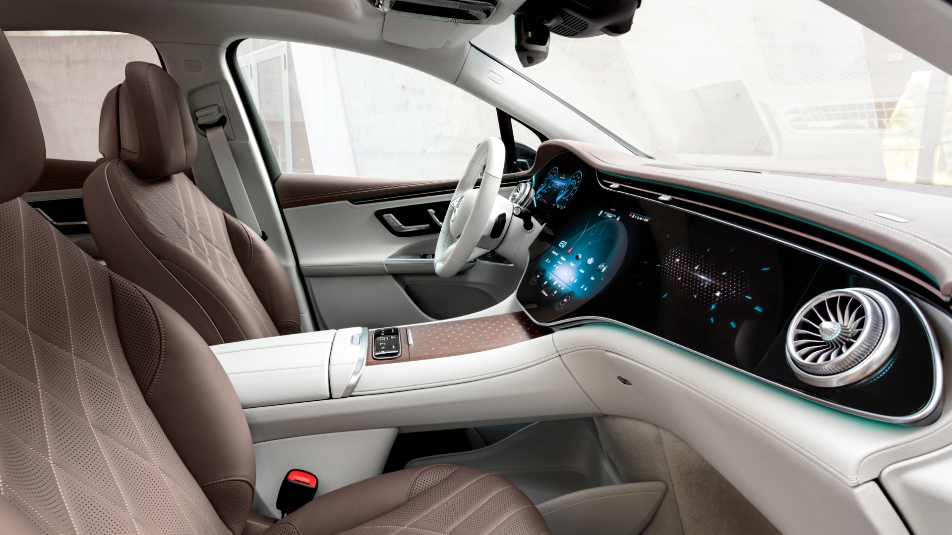 Side angle of Mercedes Benz EQE SUV cabin from passenger side looking to driver's seat