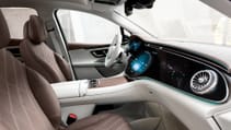 Side angle of Mercedes Benz EQE SUV cabin from passenger side looking to driver's seat