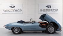 Static shot of Jag E-type, facing to right