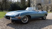 Static shot of Jag E-type in sunshine