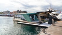 Image of docked BMW Tyde Icon battery-electric boat
