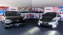 Prius 24h Le Mans Centennial GR Edition and 1991 Mazda Le Mans winner on exposition stand