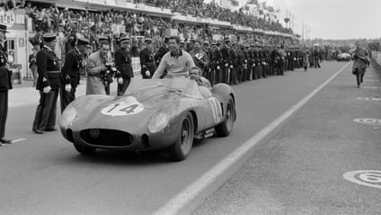 1966 Ferrari Le-Mans winner on track, in black and white