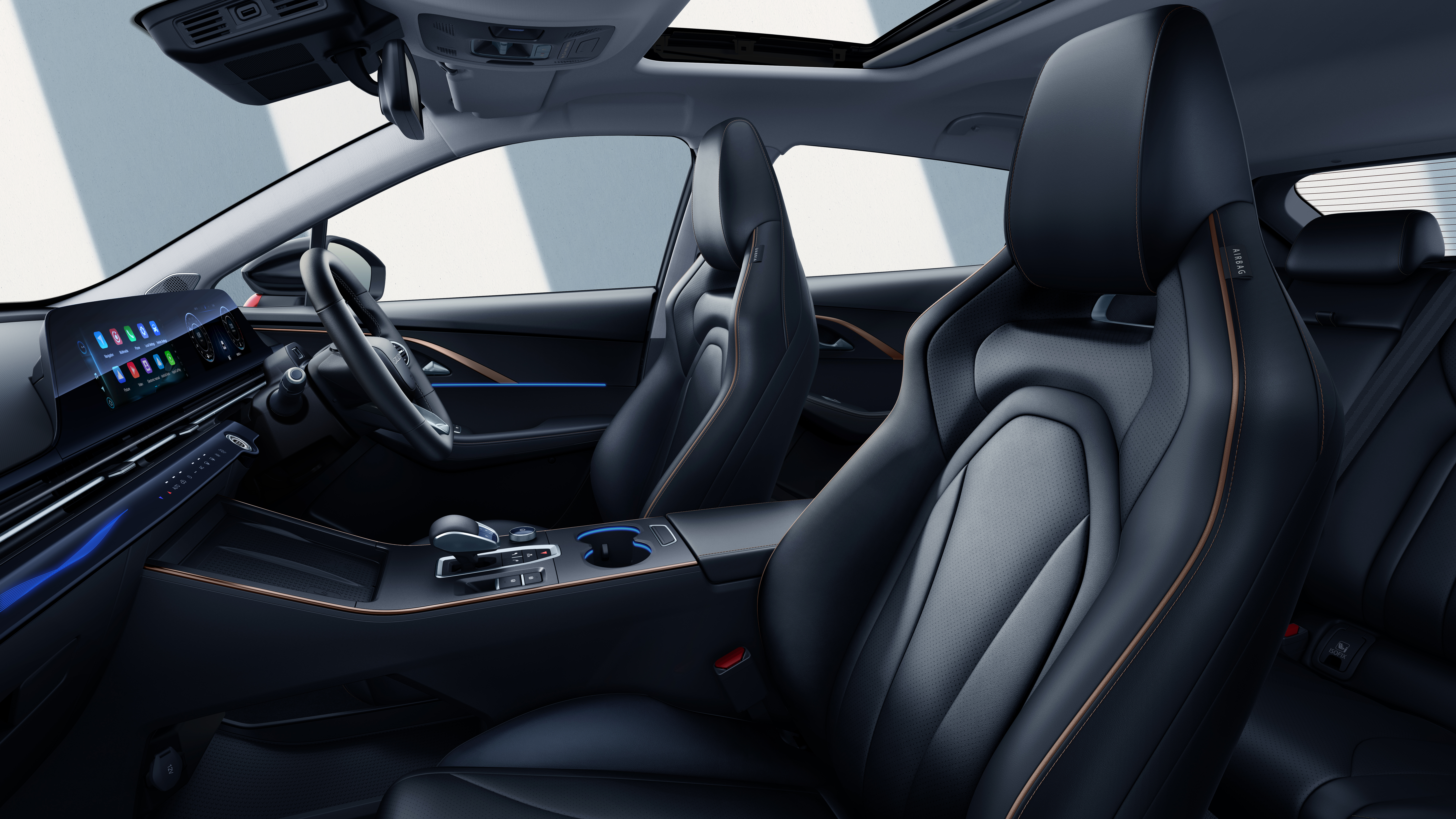 Omoda 5 interior shot, front seats from passenger side