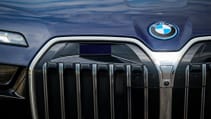 Close up of BMW grille sensor and camera hardware for self-driving in 7 Series