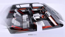 Render of interior from above, through panoramic roof of Skoda Epiq