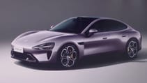 Static studio shot of Xiaomi SU7 front three quarter