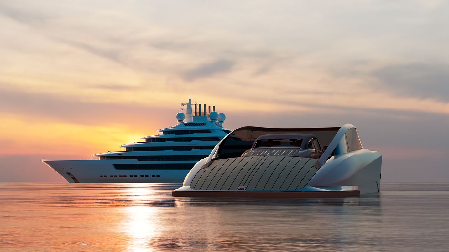 Render of Falcon Shuttle car park sitting next to luxury yacht