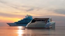 Render of Falcon Shuttle car park sitting next to luxury yacht