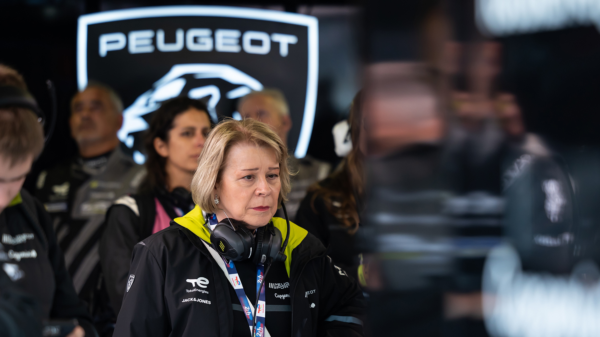 Peugeot CEO Linda Jackson in the pits at Le Mans for the Peugeot garage tour