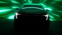 A shadowed teaser image of Skoda Vision 7S, from front