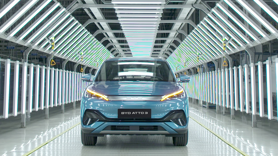 BYD Atto 3 parked in the line-end light hall, shot from front