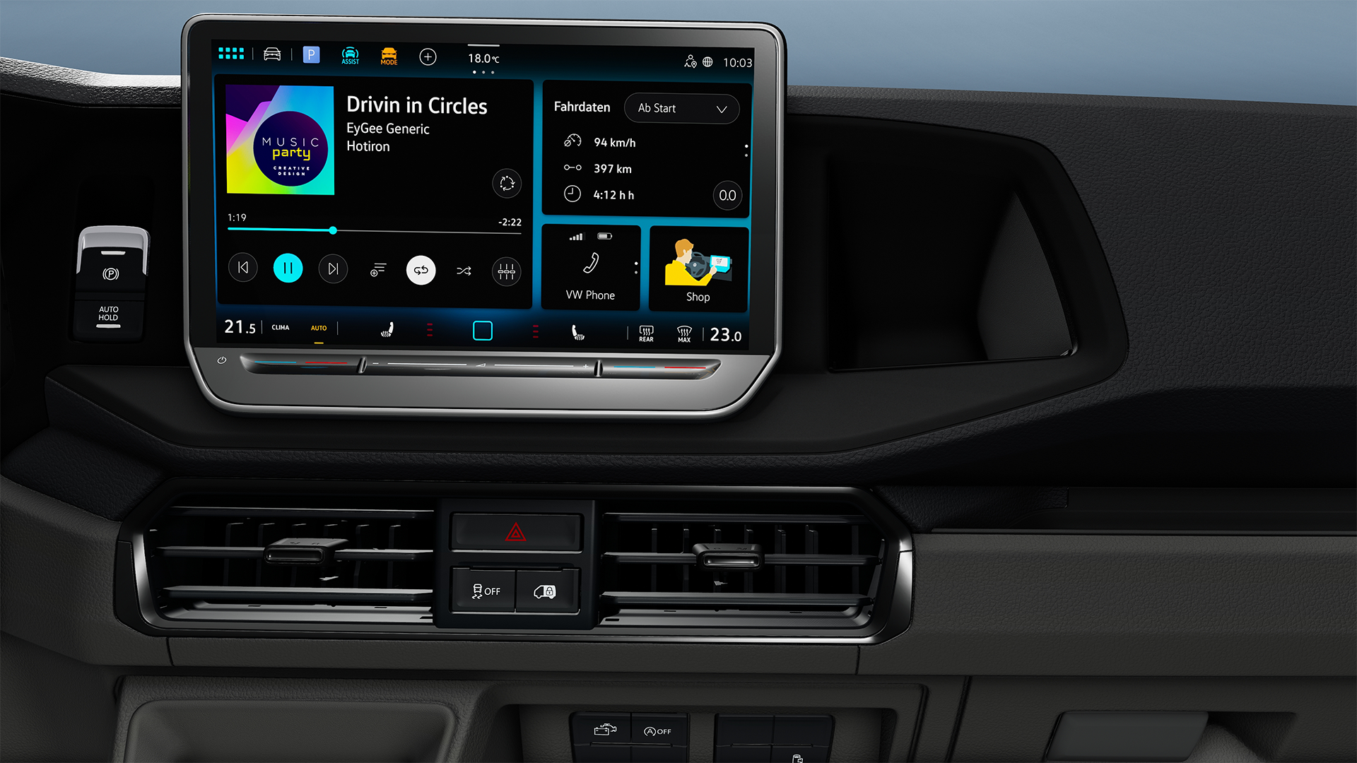 Close up of new dash screen in 2025 refreshed VW Grand California motorhome