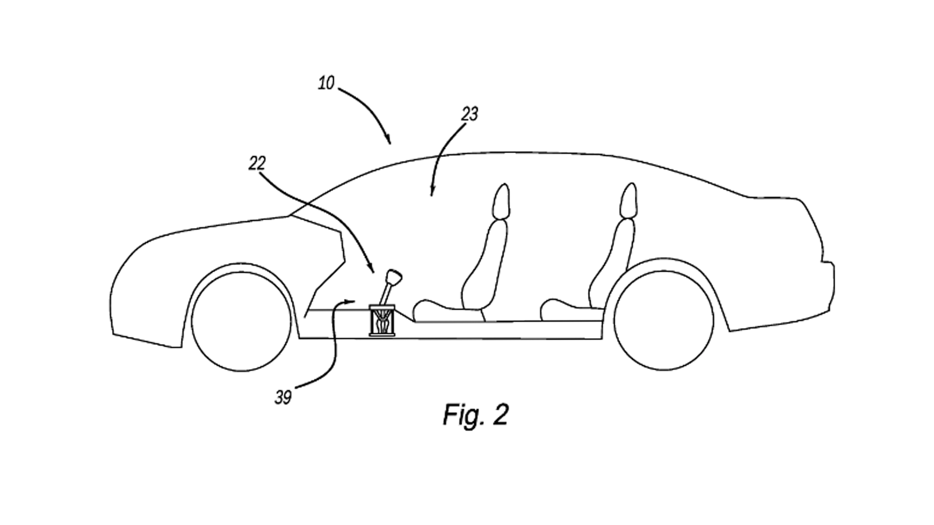 Simple line drawing of a car in profile showing seats and gear stick