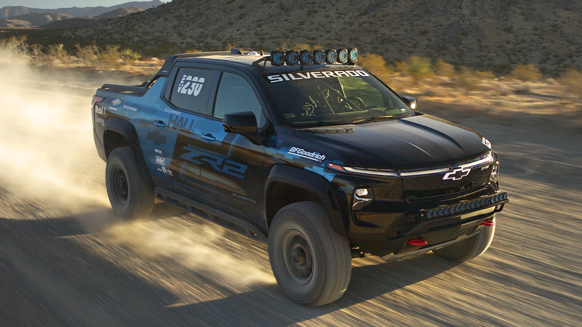 High angled driving shot of the Chevrolet Silverado EV ZR2