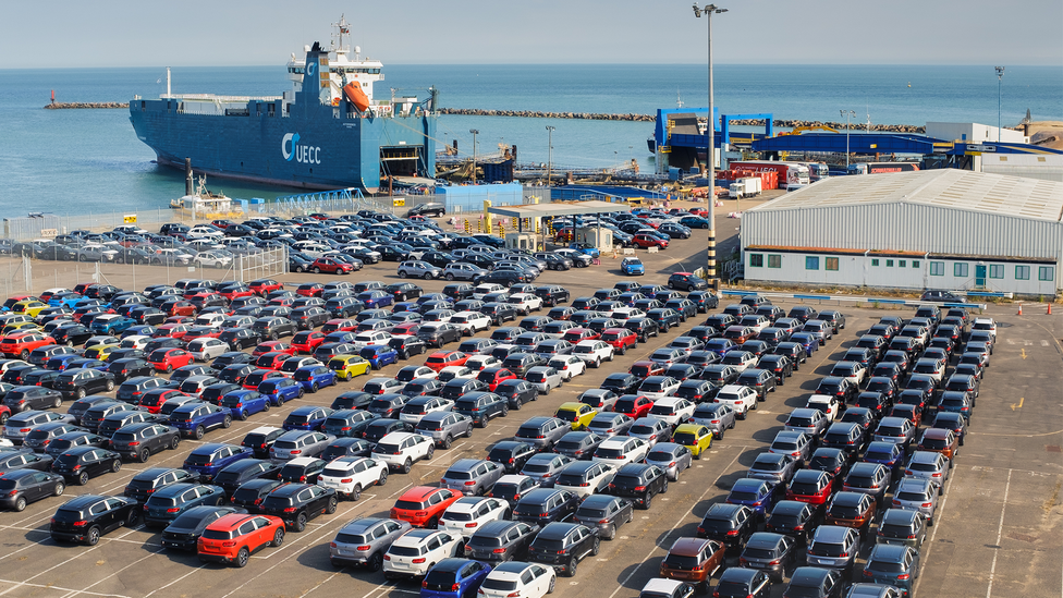 UK built cars waiting to be exported at Ramsgate Harbour in 2019