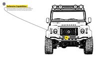 A design graphic of the Helderburg Bellatrix, armoured Land Rover Defender, front