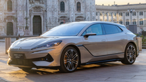 Exterior shot of Denza Z9 GT, cathedral in backdrop