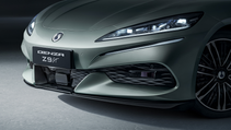 Static studio shot of Denza Z9 GT, close up of grille