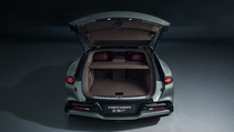 Static studio shot of Denza Z9 GT, from rear with boot open