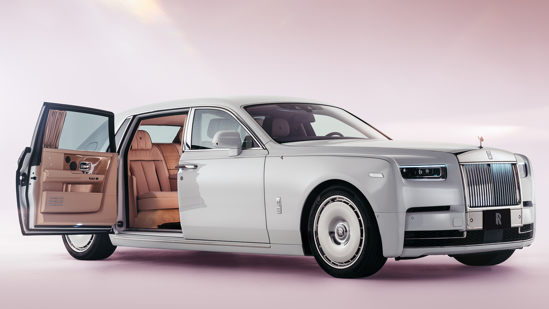 Static studio shot of Rolls-Royce Phantom Cherry Blossom, with door open