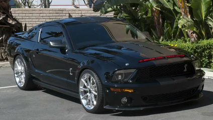 A static three-quarter front shot of the 2008 Ford Mustang GT500KR from Knight Rider, where Val Kilmer voiced KITT