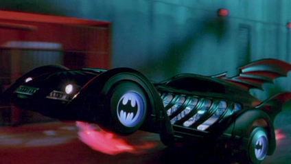 Two-wheeled driving shot of the Batmobile made specially for 1995 Batman Forever, featuring Val Kilmer as Bruce Wayne/Batman