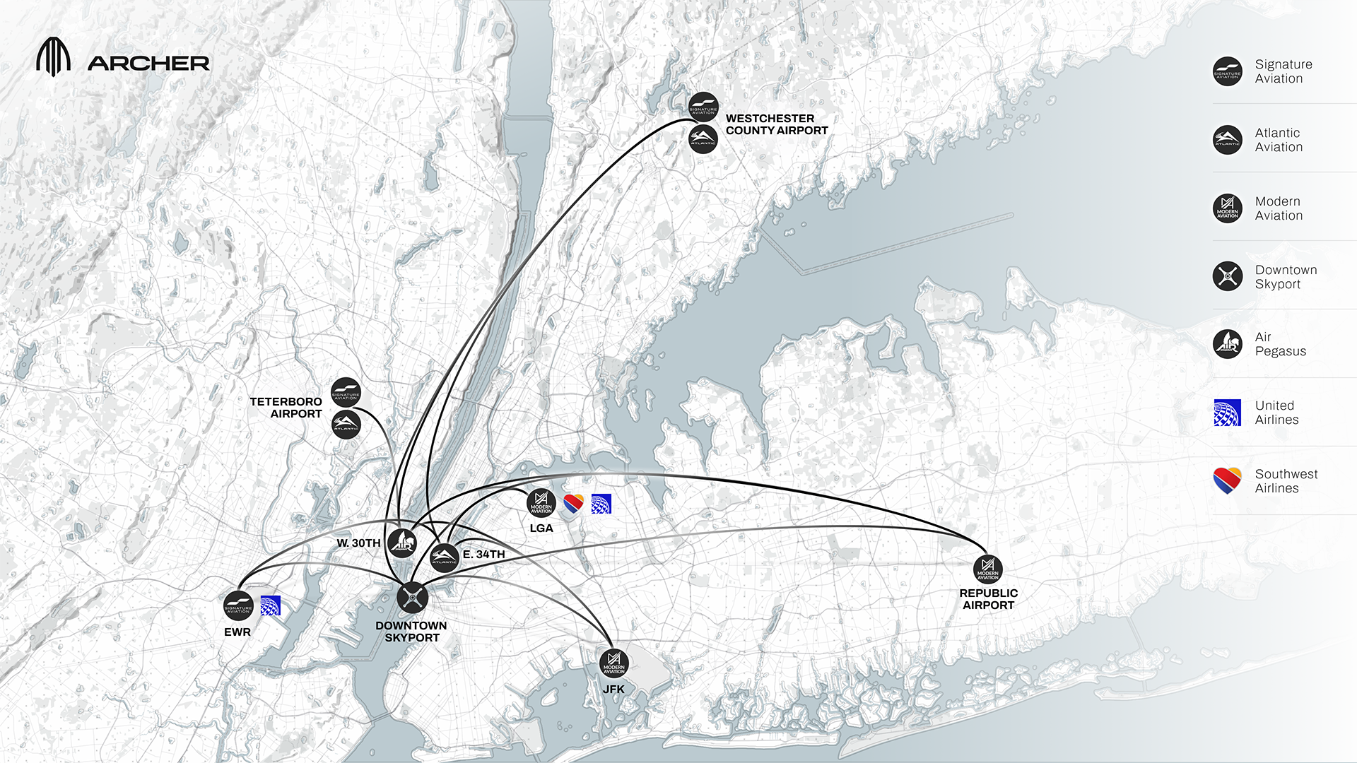 Archer Aviation's future network of air taxis for NYC