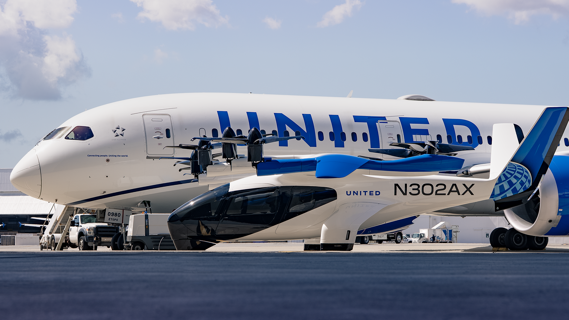 Archer Midnight sitting in front of United Airlines plane