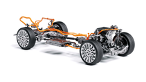 Hyundai next-gen hybrid engine integrated into a newly developed transmission on a rolling chassis, side profile view