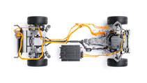 Hyundai next-gen hybrid engine integrated into a newly developed transmission on a rolling chassis, birds eye view