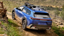 Driving shot of the Subaru Trailseeker EV estate off-roading