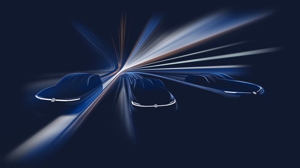 Digital render of three VW badges cars denoting concepts due for launch at Auto Shanghai 2025