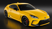 Front three quarter static shot of Toyota GR86 Yuzu Edition, a bright yellow sports car