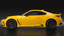 Side profile static shot of Toyota GR86 Yuzu Edition, a bright yellow sports car