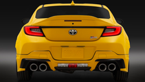 Rear static shot of Toyota GR86 Yuzu Edition, a bright yellow sports car