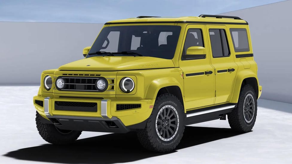 Static shot of yellow INEOS Fusilier, front three-quarter