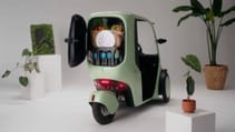 Studio shot of a Hopper e-Bike (covered trike) from the rear showing the cargo space