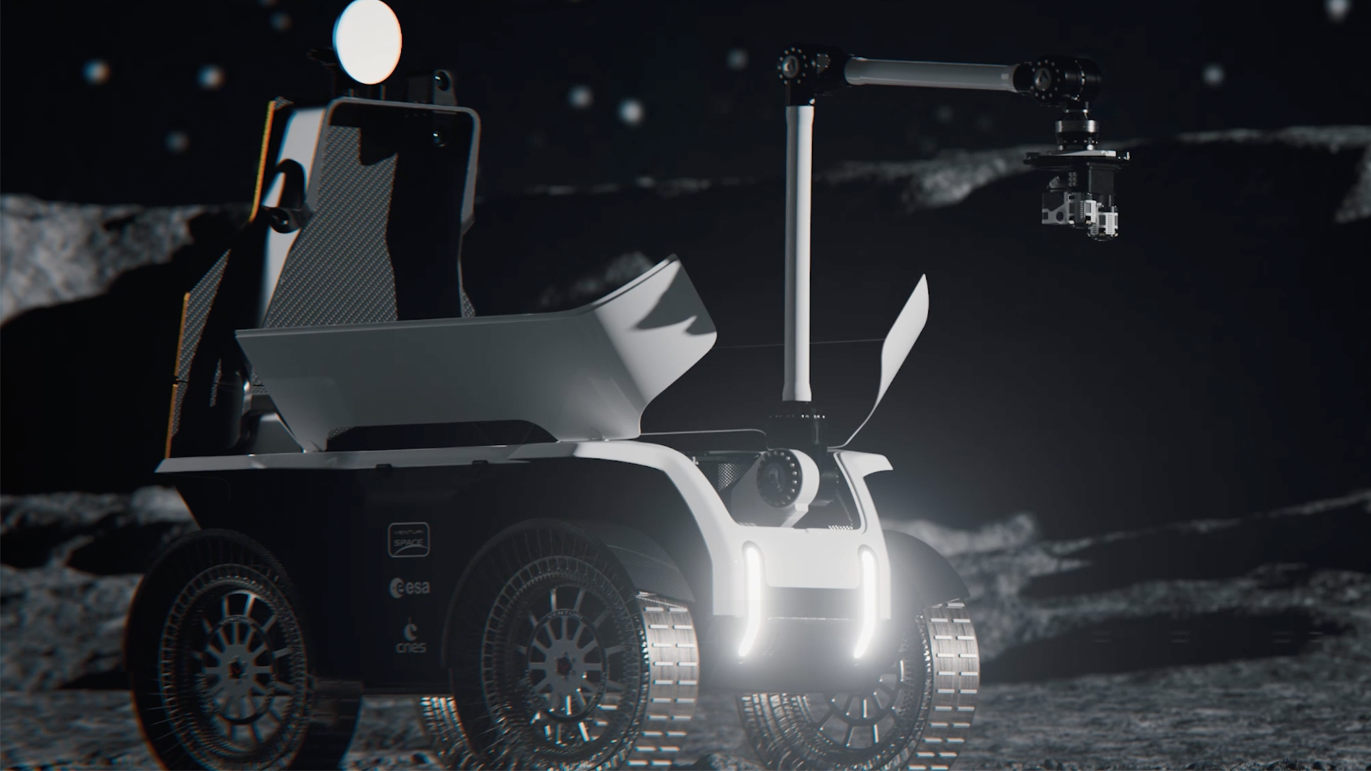 Digital render of Venturi Mona Luna moon rover on moon with headlights on
