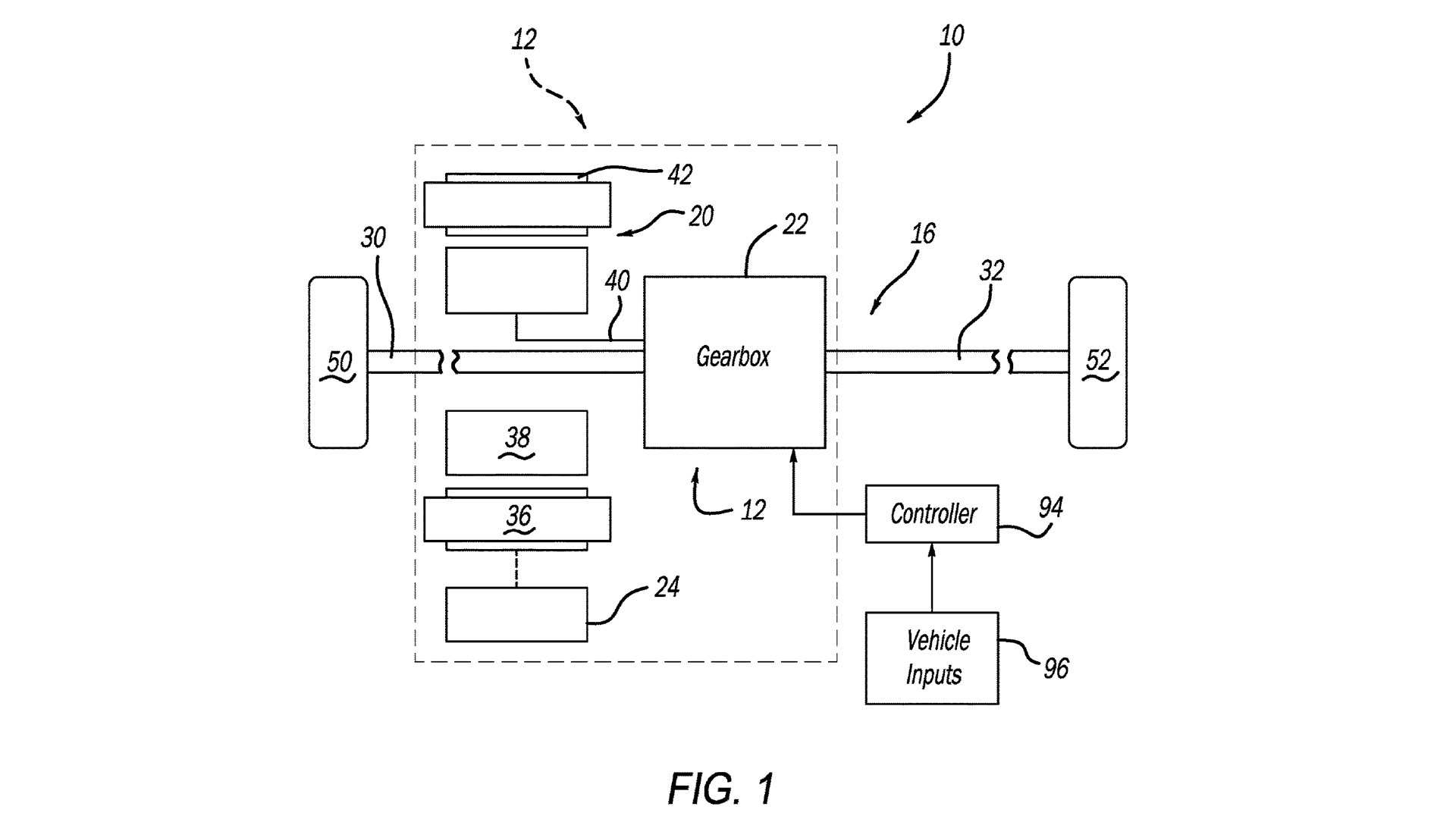 Patent graphic showing Stellantis three-speed gear EV tranmission