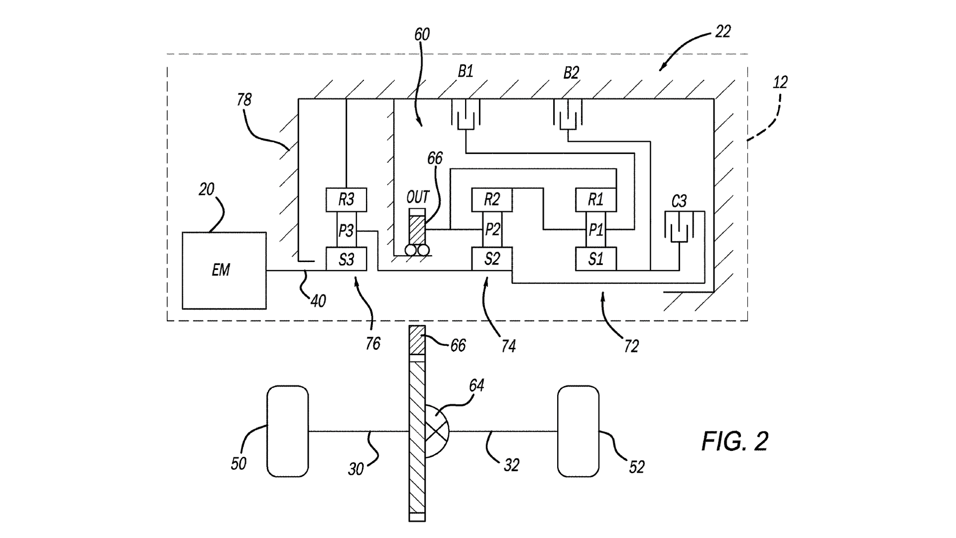 Patent graphic showing Stellantis three-speed gear for EV-roading