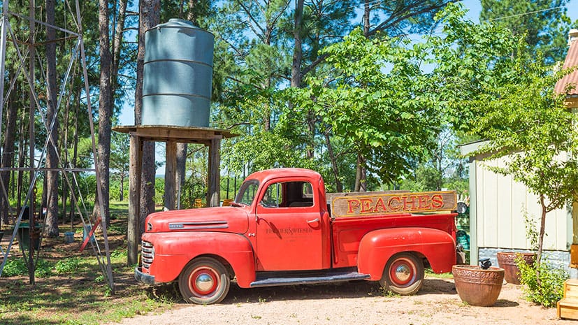 A red truck parked in front of a house with a green lawn, trees and a water tank in the background.