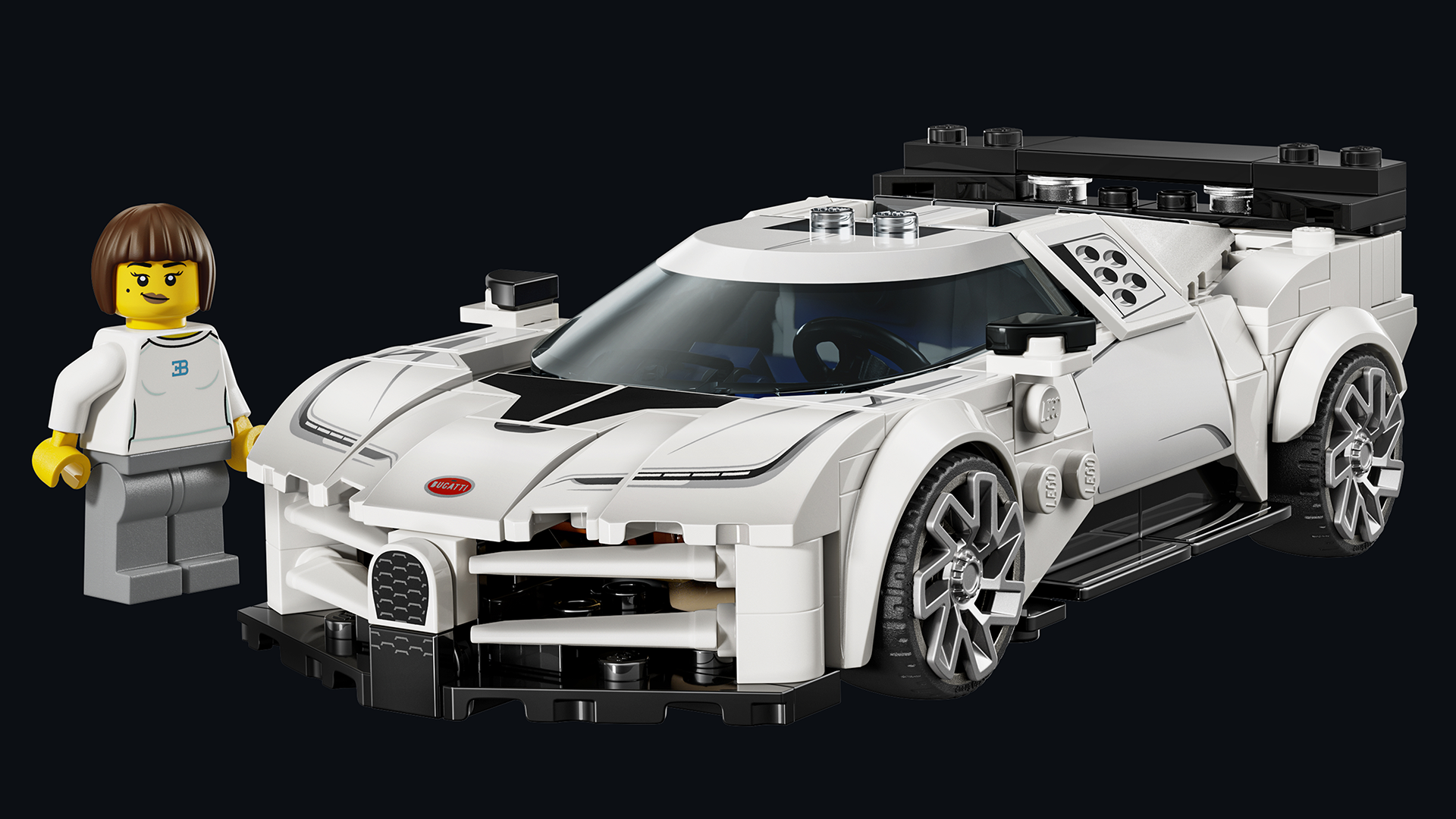Front shot of the Lego Speed Champions Bugatti Centodieci model with a miniperson