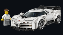 Front shot of the Lego Speed Champions Bugatti Centodieci model with a miniperson